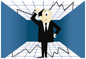 Man scratching his head in relation to securities price charts