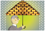 Man holding umbrella consisting of gold bullion