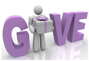 Image of character carrying a present with the word GIVE