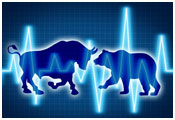 Bull and bear facing off with chart overlaid