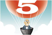 Man in hot air balloon with number 5 printed on balloon