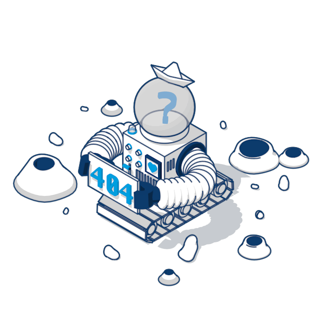 A futuristic robot holds a 404 sign. It appears to be driving on a distant planet, evoking the idea of being lost in space.