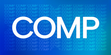 COMP in white letters on blue background.