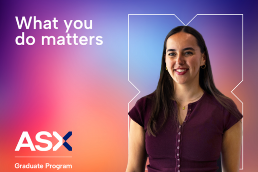 ASX Graduate Program candidate with pink and purple gradient in the background