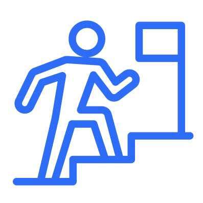 Person climbing up stairs to goal in blue outline