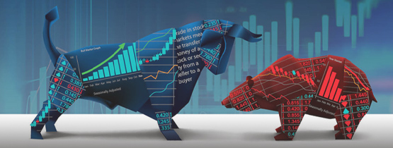 Graphic design featuring a bull and bear with market data graphs overlaid.