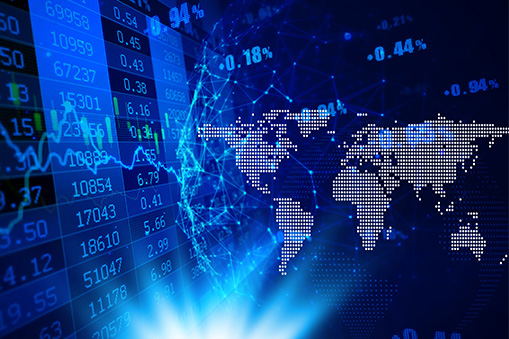 World map composed of dots overlaid with numerical market data