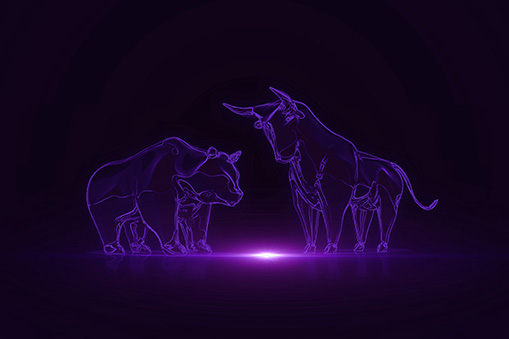 Stylised wireframe bull and bear figures facing each other against a dark background