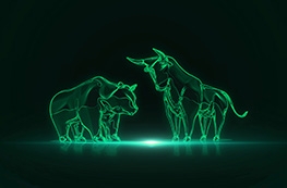 Stylised green wireframe bull and bear figures facing each other against a dark background
