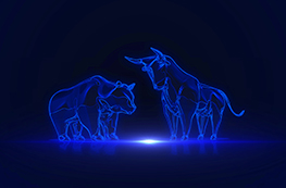 Stylised blue wireframe bull and bear figures facing each other against a dark background