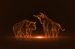 Stylised copper wireframe bull and bear figures facing each other against a dark background