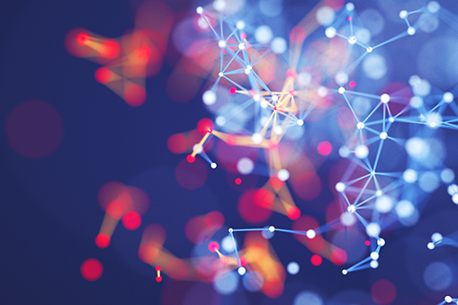 Abstract network of connected points and lines in red and blue tones