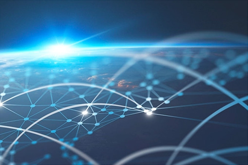 Curved lines and connection points forming a network over a blue-toned background