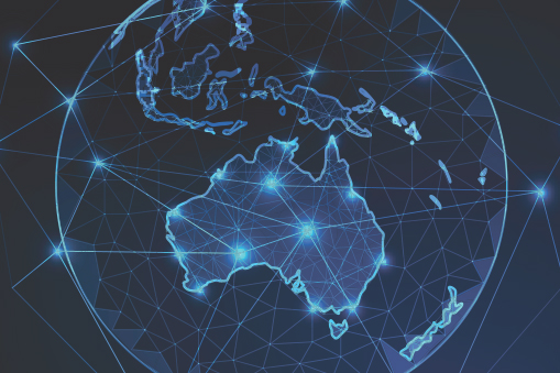 Digital map of Australia overlaid with connecting lines and nodes