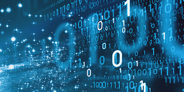 Binary digits layered over glowing points of light on a dark blue background