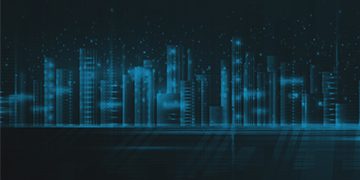 Abstract city skyline formed from glowing vertical lines against a dark background
