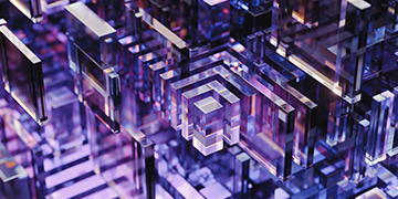 Abstract geometric structure formed from layered rectangular shapes in purple tones