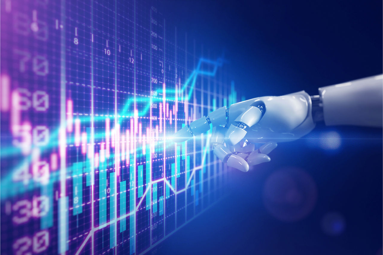 Robotic hand analyzing digital financial chart