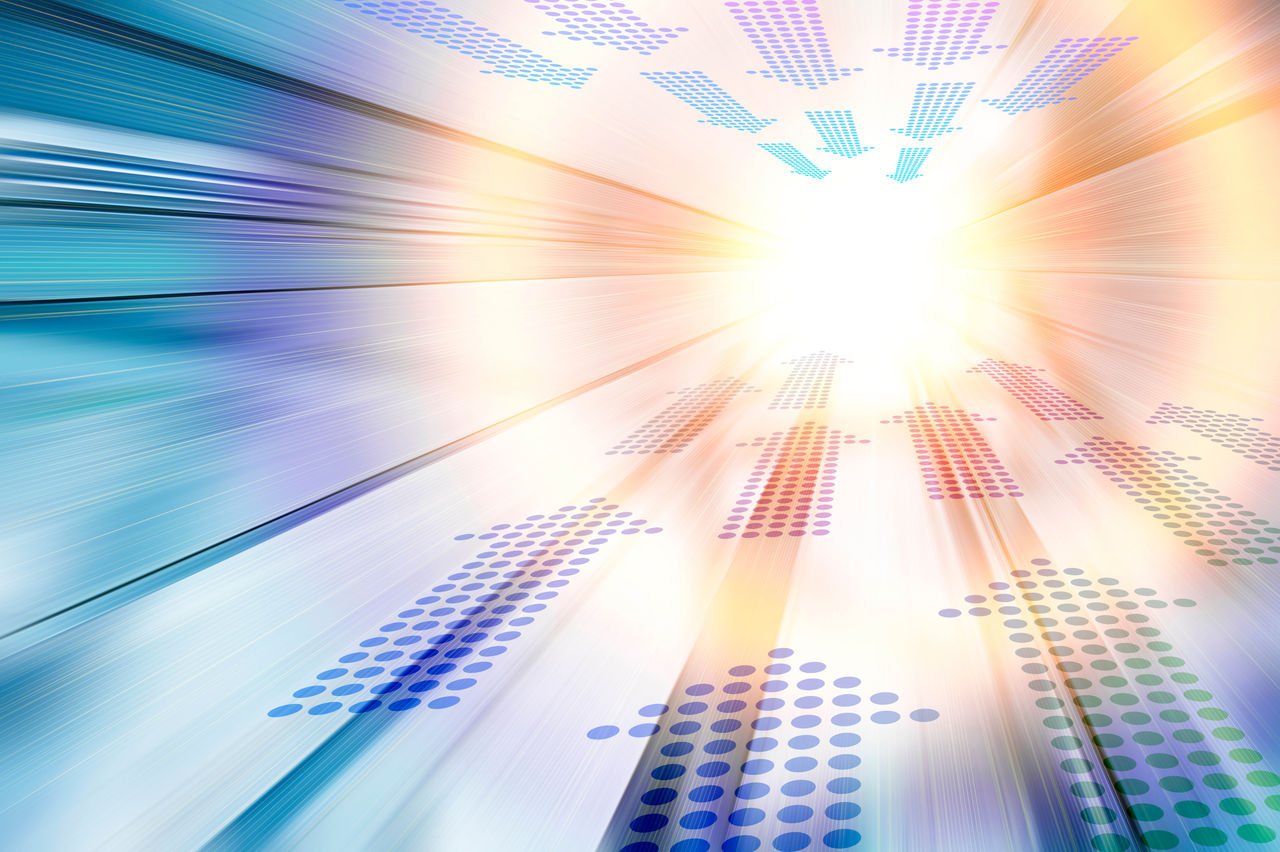 Abstract dotted arrows point forward toward a bright white light source at the centre of the image. 