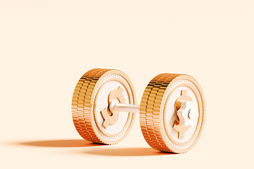 Gold coin dumbbell on pastel background