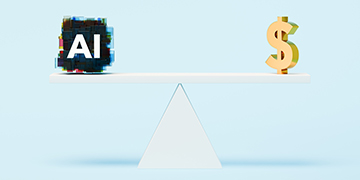 A stylized cube with the letters AI stands on one side of a white seesaw-like balance. A gold dollar sign is positioned on the opposite side, suggesting a comparison between artificial intelligence and financial value. 