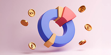 A colourful 3D pie chart ring floats against a soft pink background. Golden coins with dollar symbols orbit around the chart. 