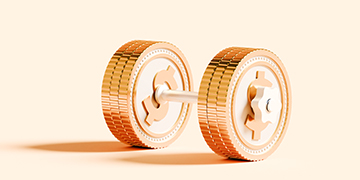 Gold coin dumbbell on pastel background concept