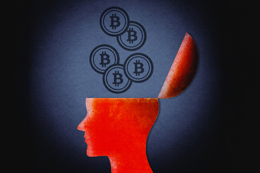 A red human head silhouette is shown with the top opened like a lid, revealing a dark interior. Multiple bitcoin symbols float above the open head, suggesting thoughts or ideas about cryptocurrency. 