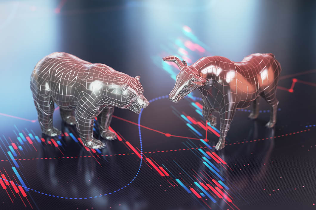 Wireframe bull and bear figures on stock chart