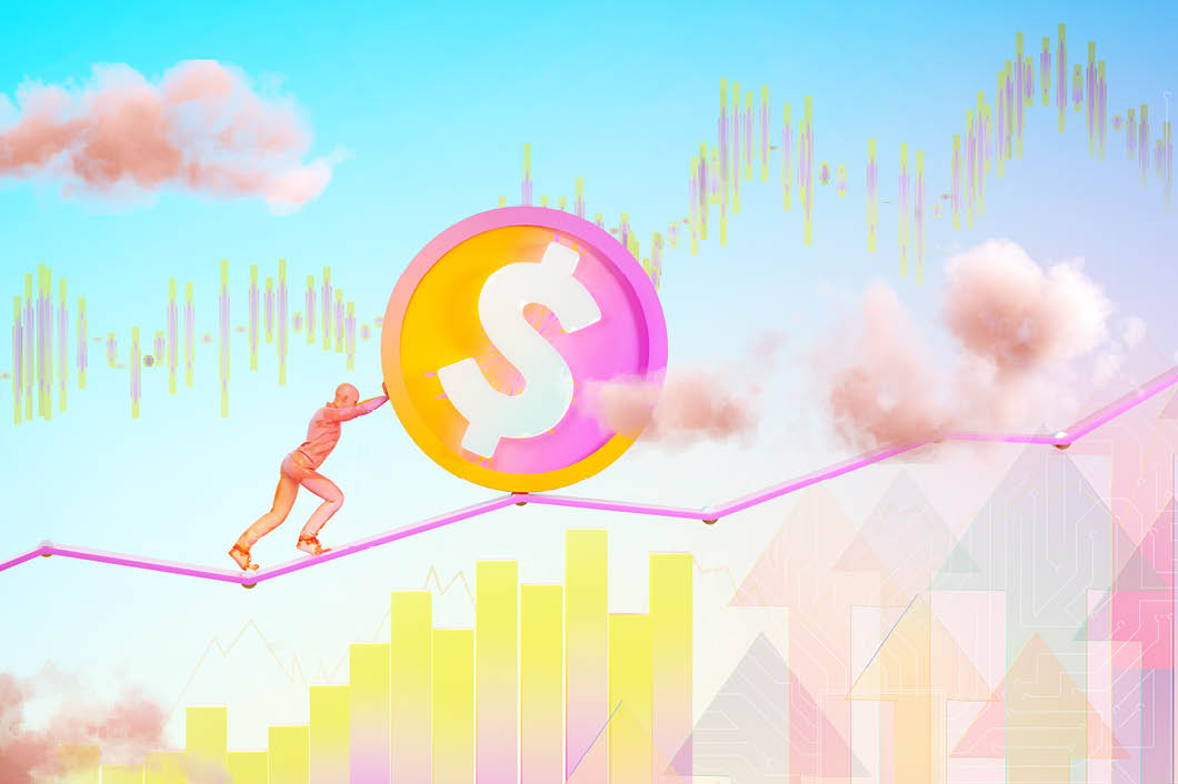 Person pushing dollar symbol up financial graph