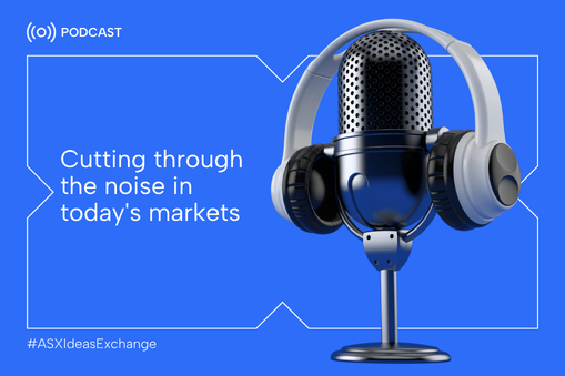 Podcast microphone with headphones on blue background. The tile promotes a podcast titled "Cutting through the noise in today's markets."