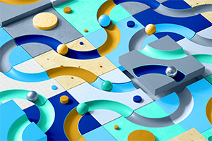 Abstract geometric shapes and curved forms arranged in layered blue, green, and gold tones