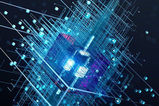 Abstract digital illustration showing a glowing central processor surrounded by interconnected lines, nodes and geometric structures in blue and purple tones.