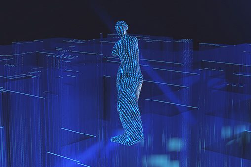 Abstract blue illustration showing a wireframe human figure standing within a three-dimensional network of illuminated geometric structures.