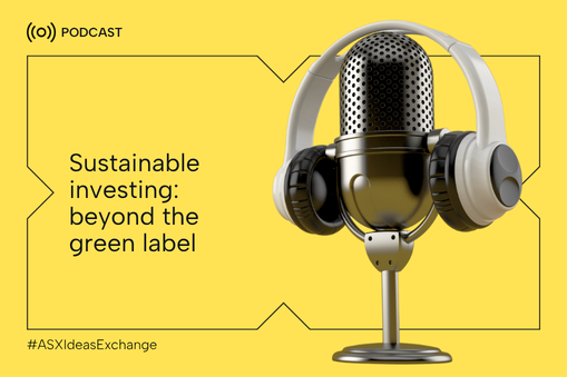 Podcast microphone with headphones on yellow background. The tile promotes a podcast titled "Sustainable investing: beyond the green label"