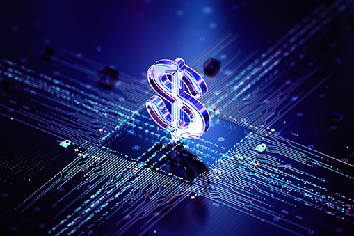 Glowing Dollar Symbol on Futuristic Digital Circuit