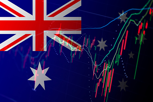Australian flag overlaid on financial stock chart