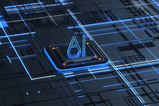 Futuristic AI chip glowing on circuit board