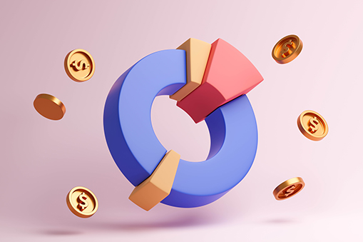 A colourful 3D pie chart ring floats against a soft pink background. Golden coins with dollar symbols orbit around the chart. 