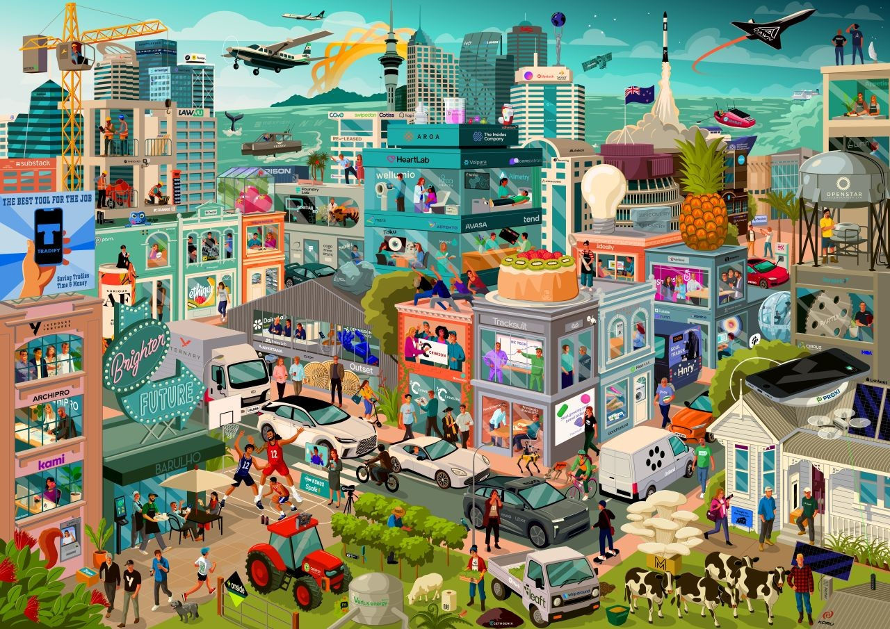 Illustrated urban scene shows a vibrant futuristic city packed with buildings, vehicles, and people. The foreground features pedestrians, cyclists, cars, a tractor, and cows near a green park and outdoor café.