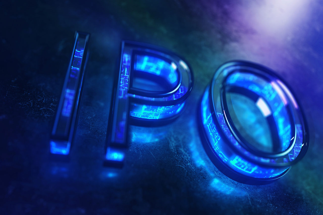 The image features the large, glowing letters 'IPO' rendered in a futuristic, digital style. The blue neon lighting and circuit-like patterns within the letters evoke a high-tech, financial theme. 