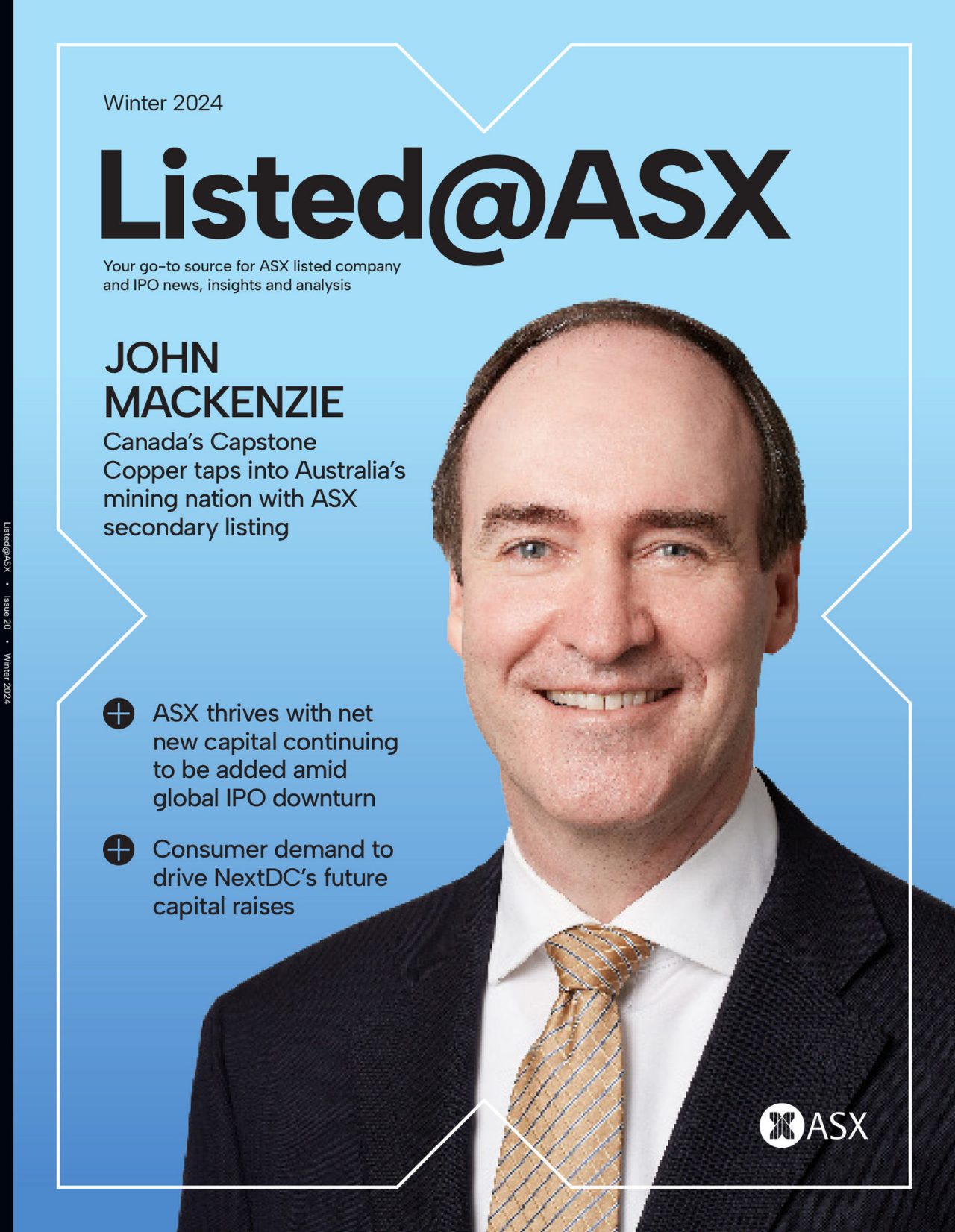 Cover of Listed@ASX Winter 2024 featuring John Mackenzie, with headlines about copper demand and ASX-listed companies.