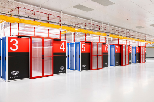 Colorful numbered data centre server aisles