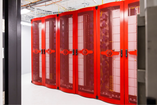 Modern data centre with red server racks