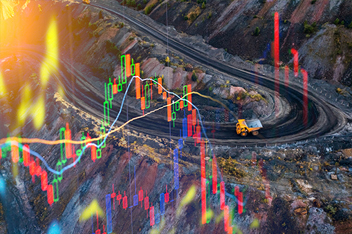 Open-cut mining site with haul truck overlaid by rising and falling stock market charts, representing resource sector performance.