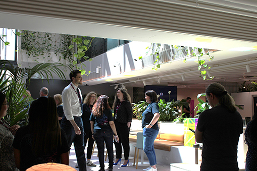 Group gathering in modern indoor space