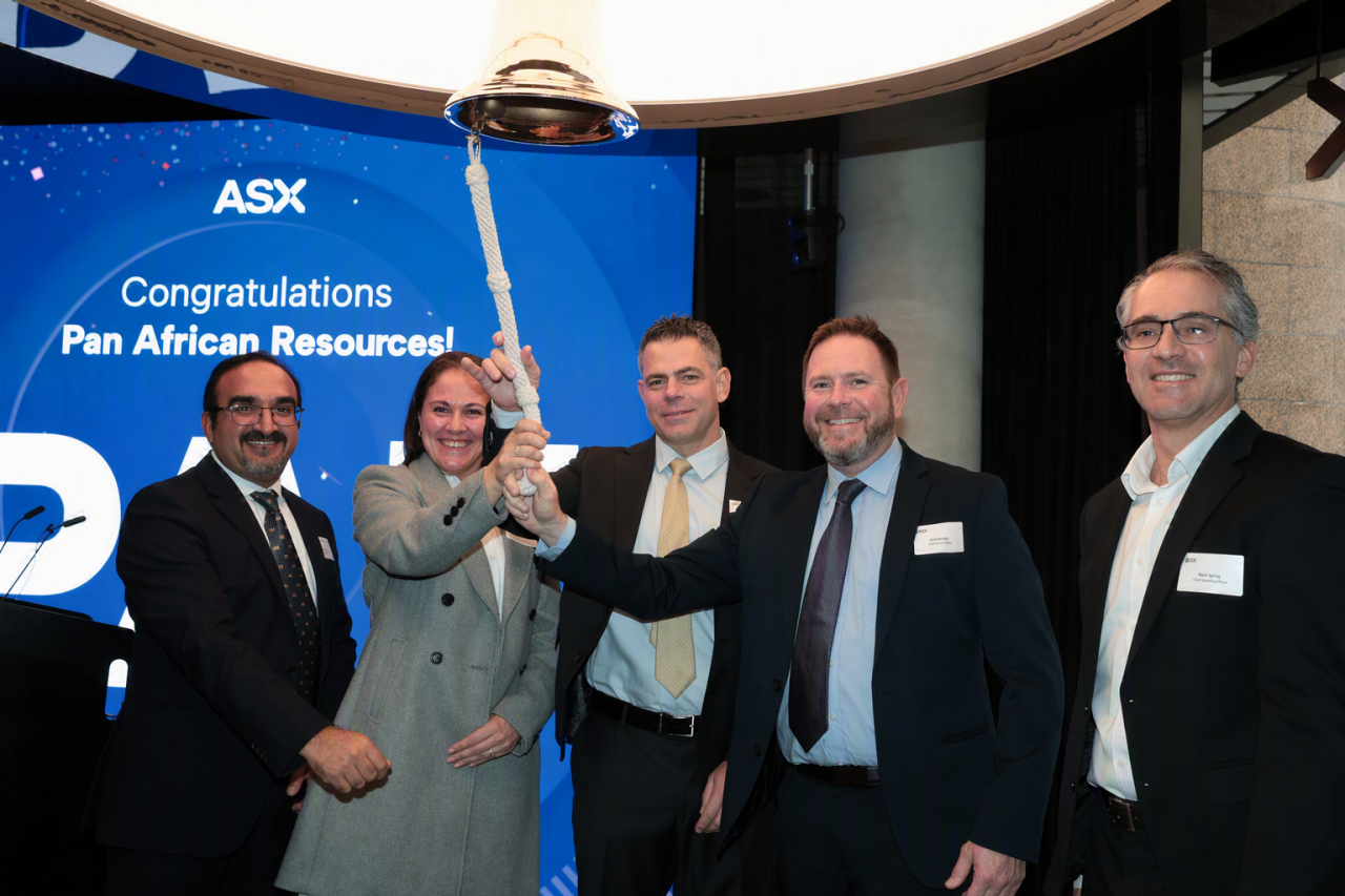 Photograph of the Pan African Resources team around the bell at Exchange Place.
