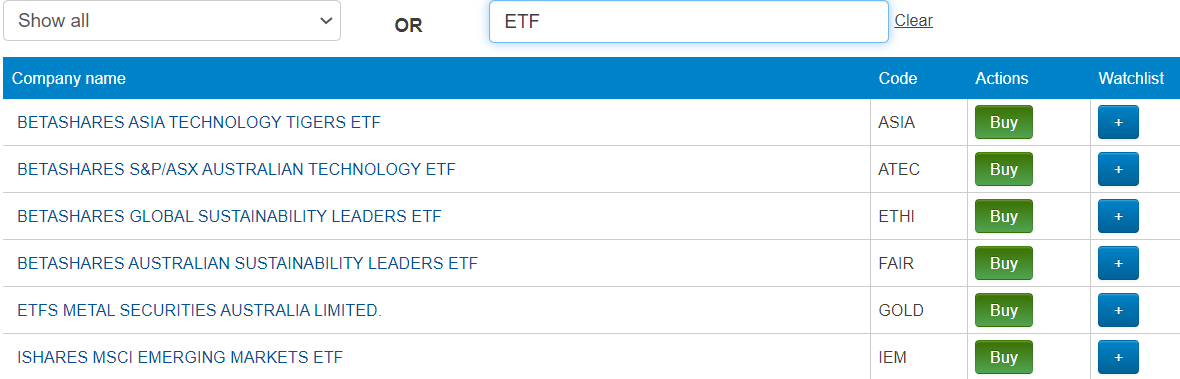 Online trading interface showing a list of exchange traded funds with company names and codes, a search field filtered for ETF, and action buttons to buy or add securities to a watchlist