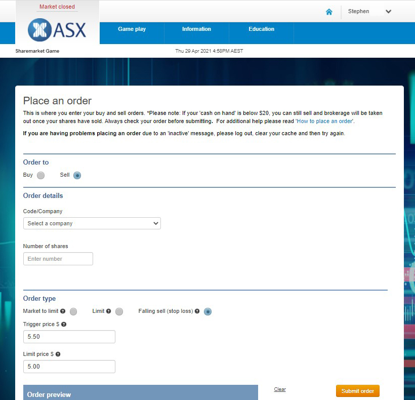 Online trading simulator interface showing a Place an order form with options to buy or sell, fields for selecting a company, entering number of shares, choosing order type and setting limits, along with submit order and preview buttons