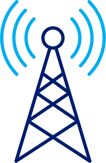 Blue outline icon showing a communications tower surrounded by curved signal waves extending outward on both sides.